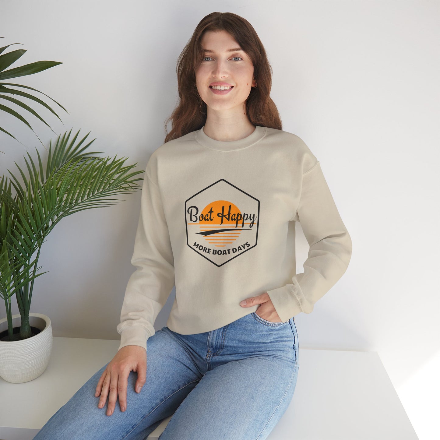 Boat Happy Crewneck Sweatshirt, Gildan 18000 Unisex Sweatshirt, Sunset Boating Sweatshirt, Nautical Coastal Apparel, Boat Lover Gift