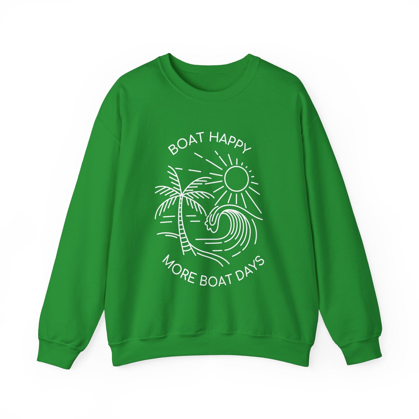 Boat Happy Crewneck Sweatshirt, Boating Sweatshirt, Palm Tree Wave Sun Design, Coastal Pullover, Nautical Boat Apparel, Nautical Pullover