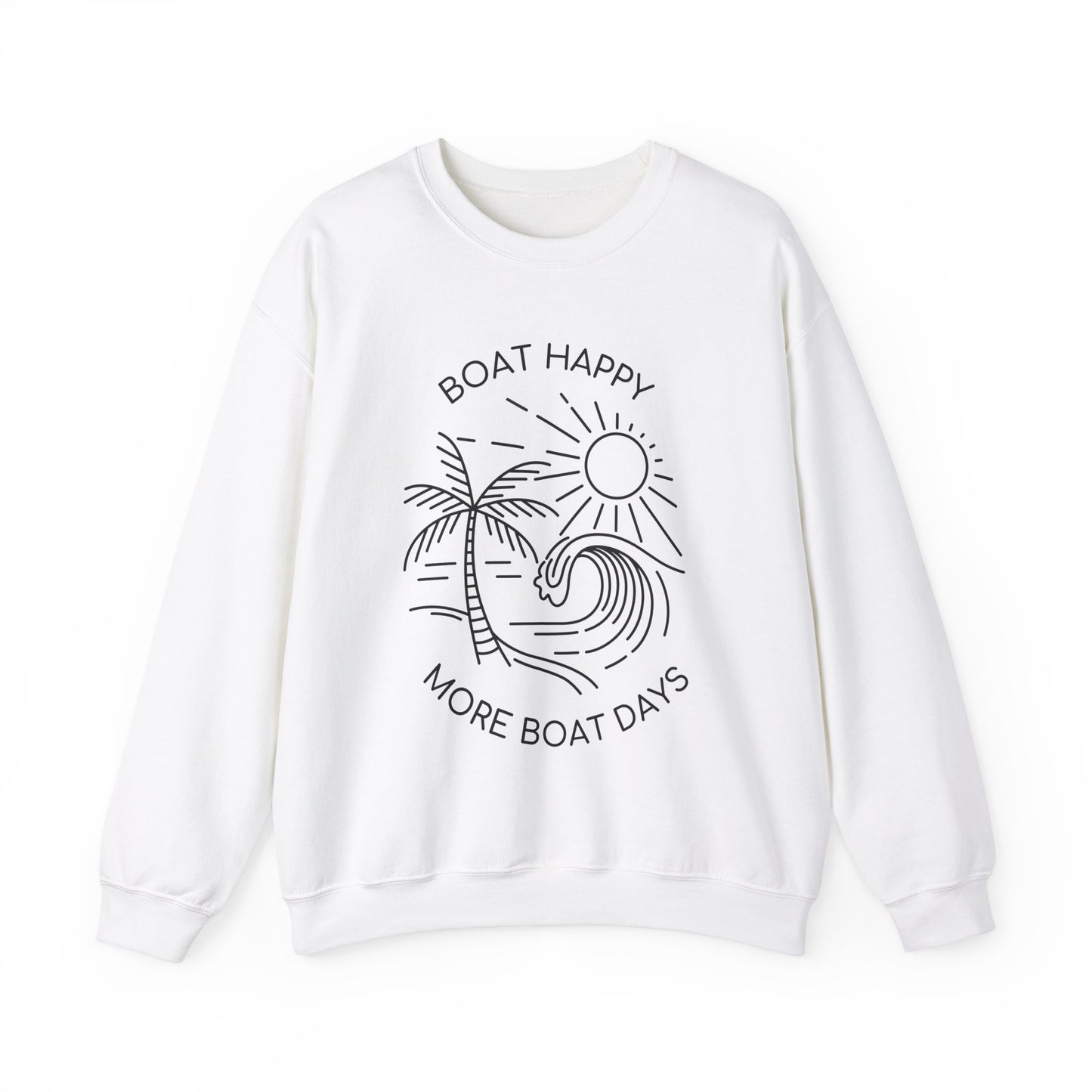 Boat Happy Crewneck Sweatshirt, Boating Sweatshirt, Palm Tree Wave Sun Design, Coastal Pullover, Nautical Boat Apparel, Nautical Pullover