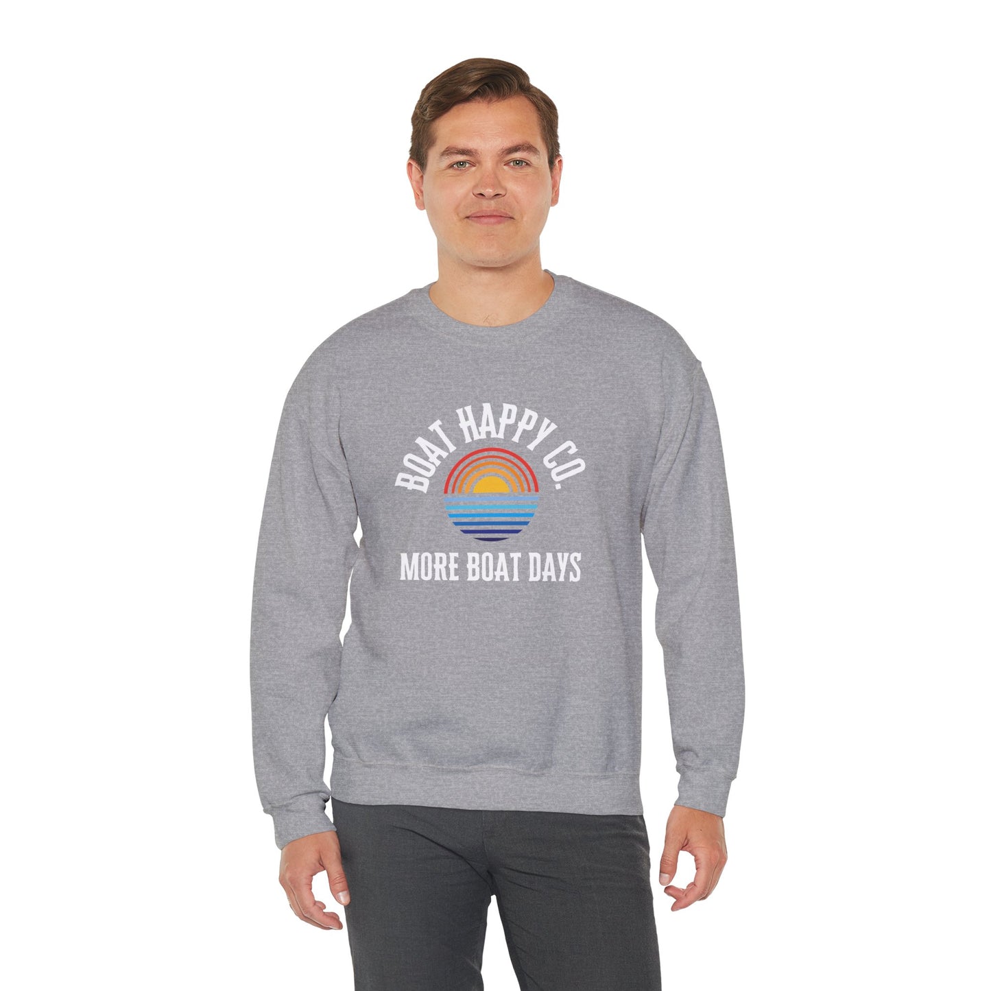 Boat Happy Co 'More Boat Days' Crewneck Sweatshirt, Sunset Rainbow Design, Nautical-Inspired Cozy Pullover, Unisex Fit