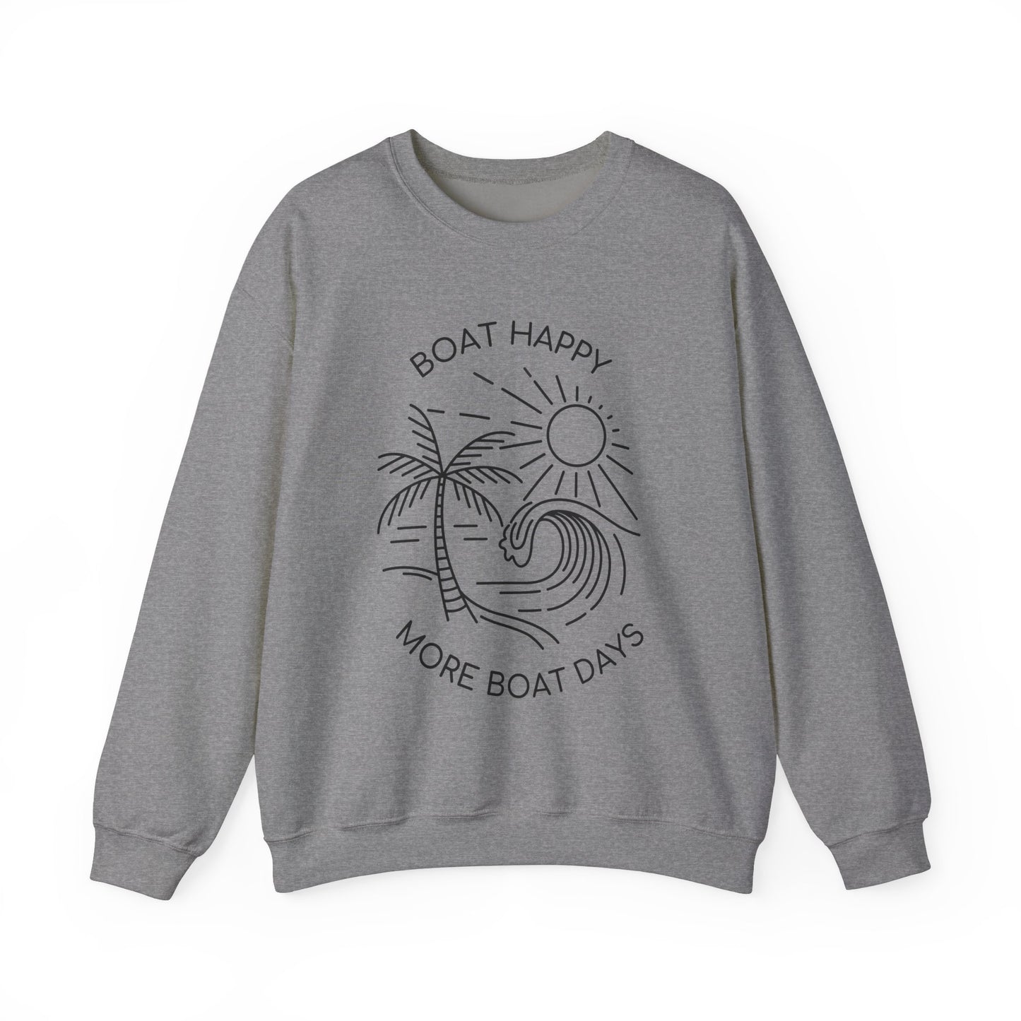 Boat Happy Crewneck Sweatshirt, Boating Sweatshirt, Palm Tree Wave Sun Design, Coastal Pullover, Nautical Boat Apparel, Nautical Pullover