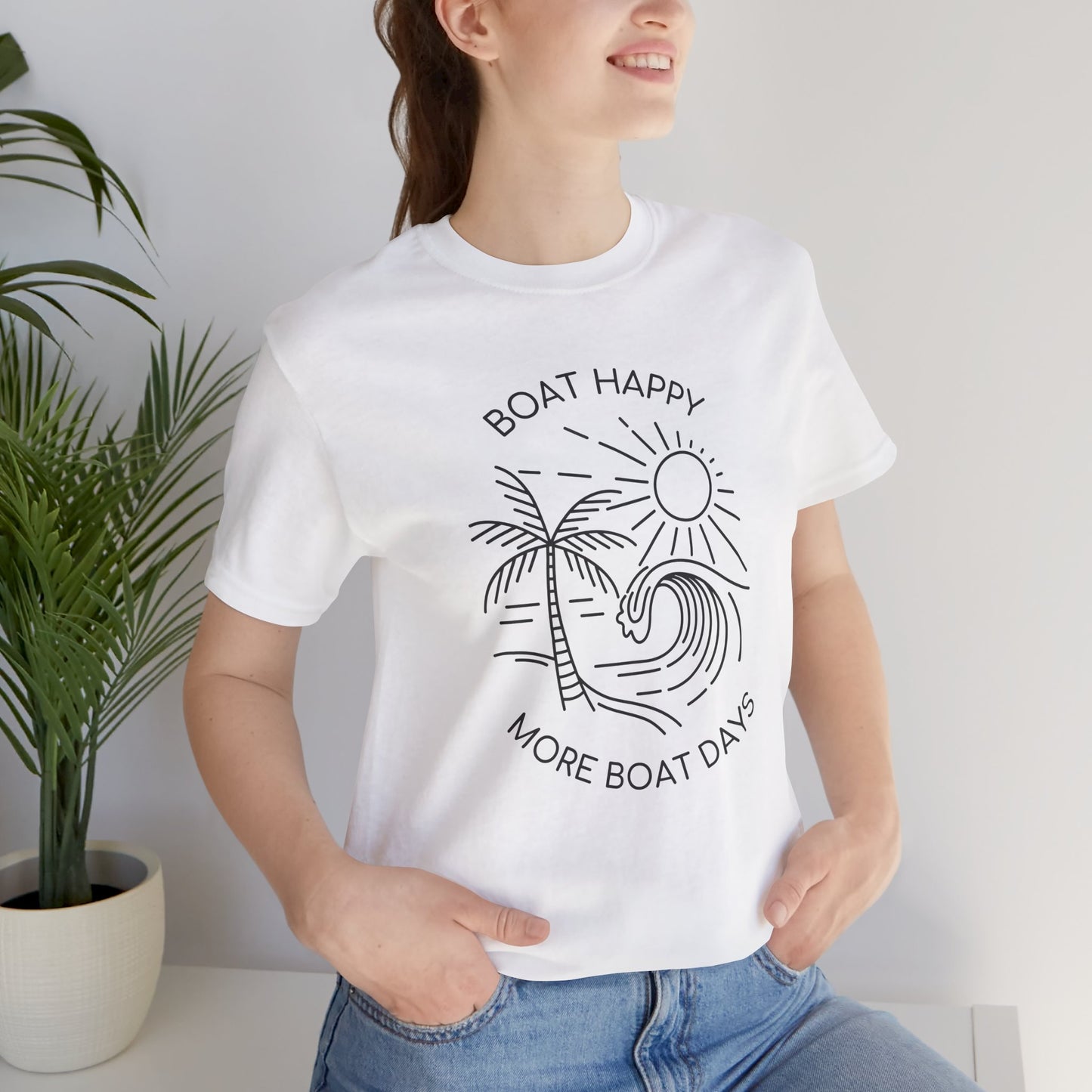 Boat Happy T-Shirt, Blue Palm Tree Diamond Design, Bella + Canvas 3001, Coastal Boating Graphic Tee, Nautical Lifestyle Shirt, Boat T-shirt