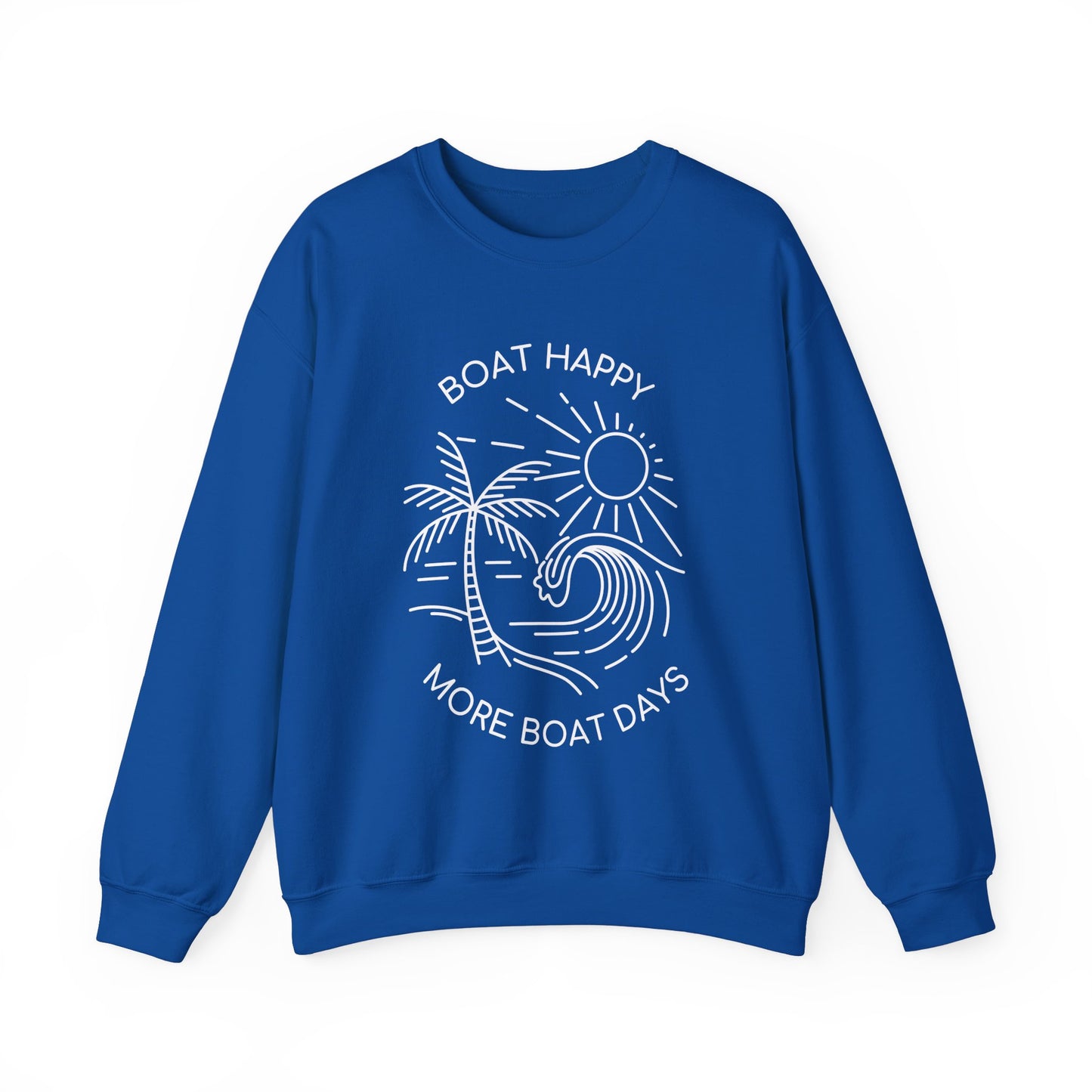 Boat Happy Crewneck Sweatshirt, Boating Sweatshirt, Palm Tree Wave Sun Design, Coastal Pullover, Nautical Boat Apparel, Nautical Pullover