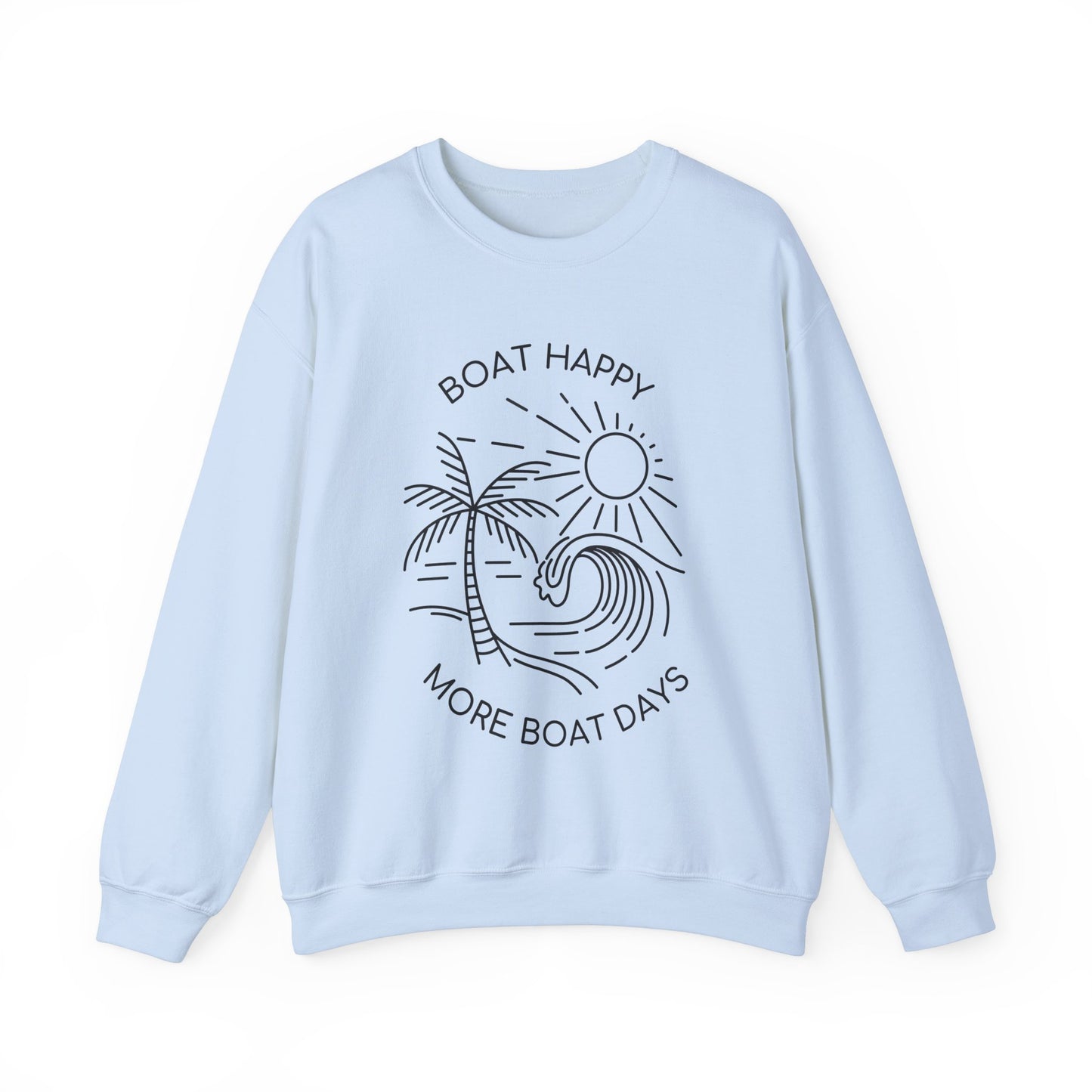 Boat Happy Crewneck Sweatshirt, Boating Sweatshirt, Palm Tree Wave Sun Design, Coastal Pullover, Nautical Boat Apparel, Nautical Pullover