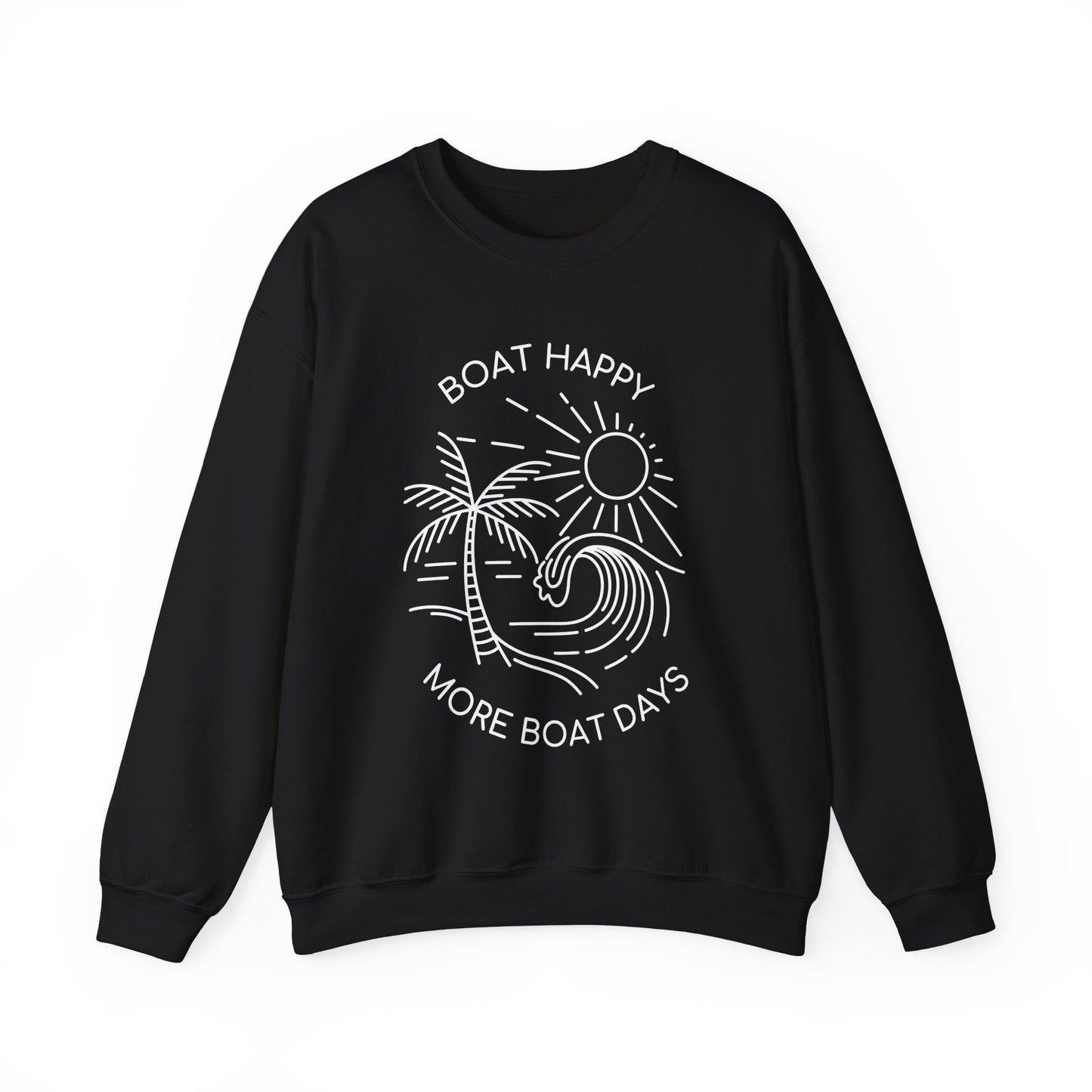 Boat Happy Crewneck Sweatshirt, Boating Sweatshirt, Palm Tree Wave Sun Design, Coastal Pullover, Nautical Boat Apparel, Nautical Pullover