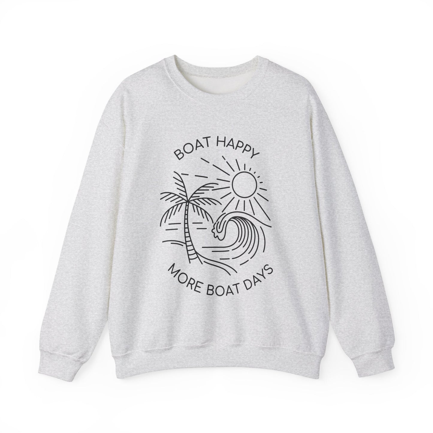 Boat Happy Crewneck Sweatshirt, Boating Sweatshirt, Palm Tree Wave Sun Design, Coastal Pullover, Nautical Boat Apparel, Nautical Pullover