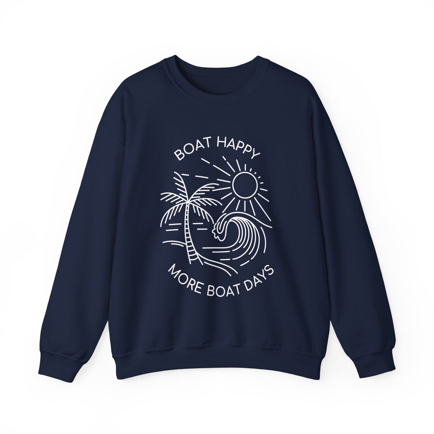 Boat Happy Crewneck Sweatshirt, Boating Sweatshirt, Palm Tree Wave Sun Design, Coastal Pullover, Nautical Boat Apparel, Nautical Pullover