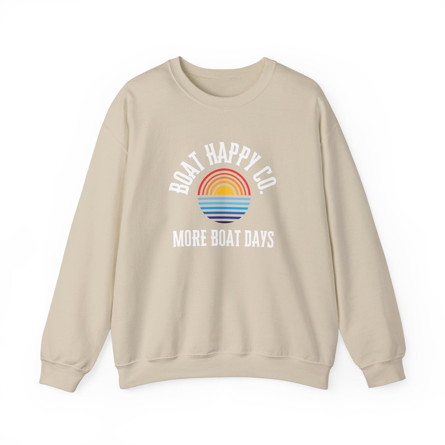 Boat Happy Co 'More Boat Days' Crewneck Sweatshirt, Sunset Rainbow Design, Nautical-Inspired Cozy Pullover, Unisex Fit