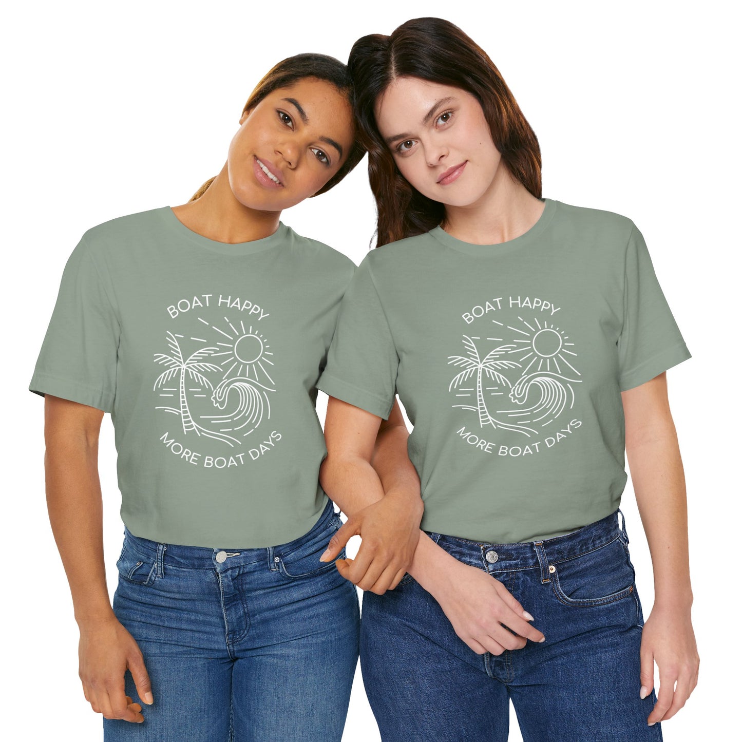 Boat Happy T-Shirt, Blue Palm Tree Diamond Design, Bella + Canvas 3001, Coastal Boating Graphic Tee, Nautical Lifestyle Shirt, Boat T-shirt