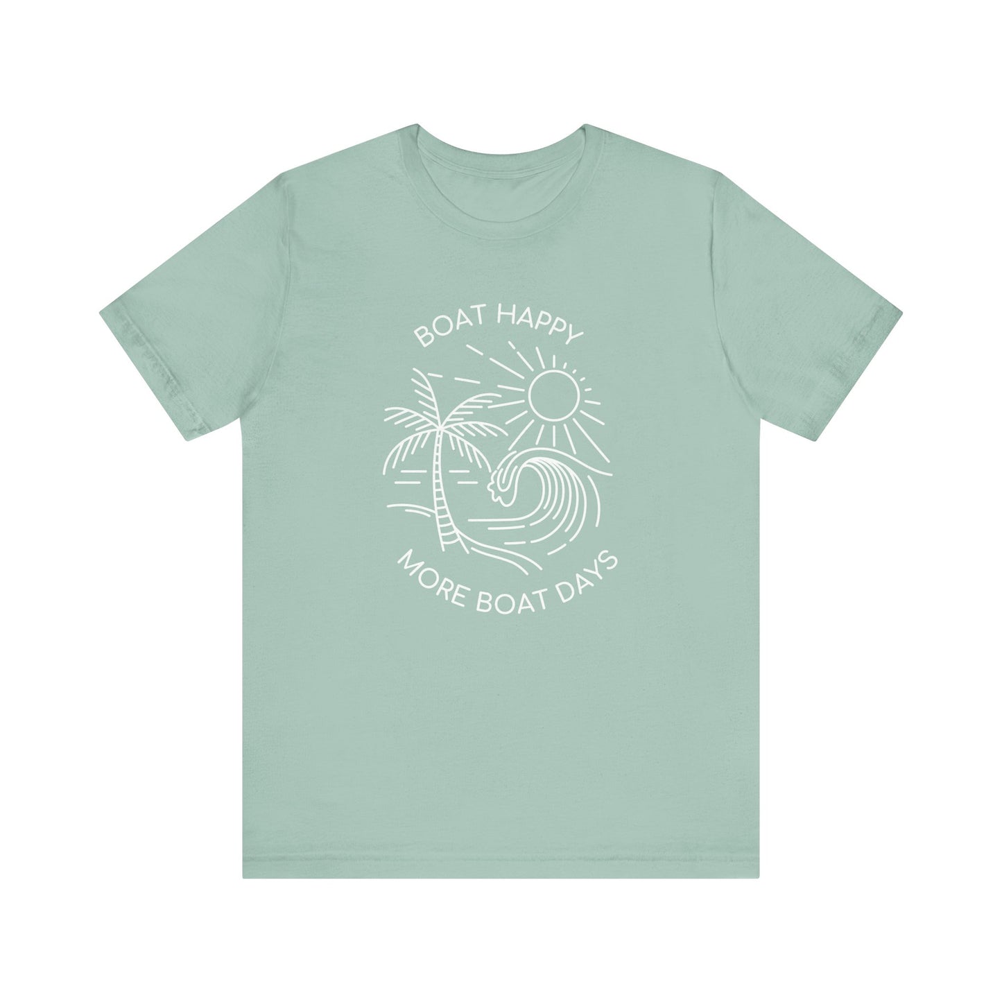 Boat Happy T-Shirt, Blue Palm Tree Diamond Design, Bella + Canvas 3001, Coastal Boating Graphic Tee, Nautical Lifestyle Shirt, Boat T-shirt