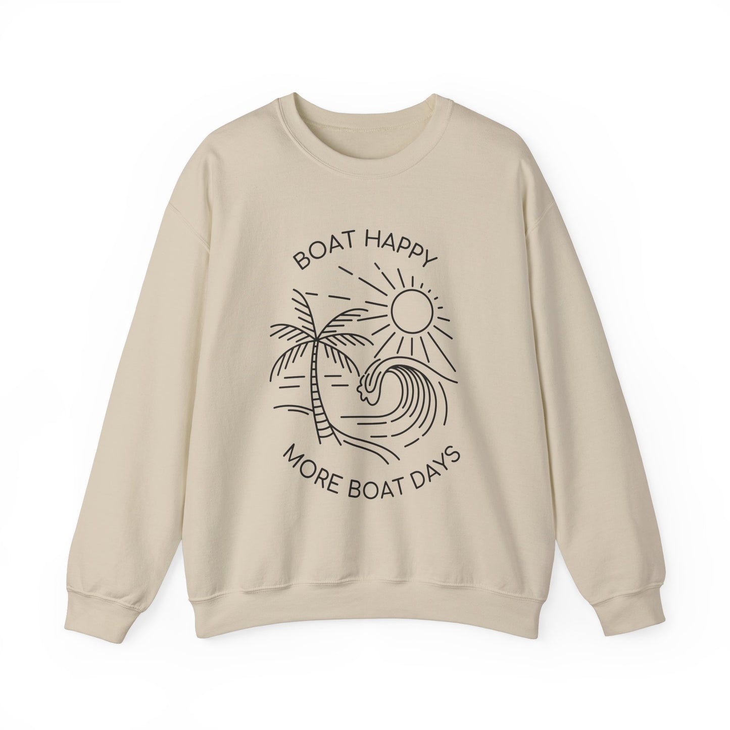 Boat Happy Crewneck Sweatshirt, Boating Sweatshirt, Palm Tree Wave Sun Design, Coastal Pullover, Nautical Boat Apparel, Nautical Pullover