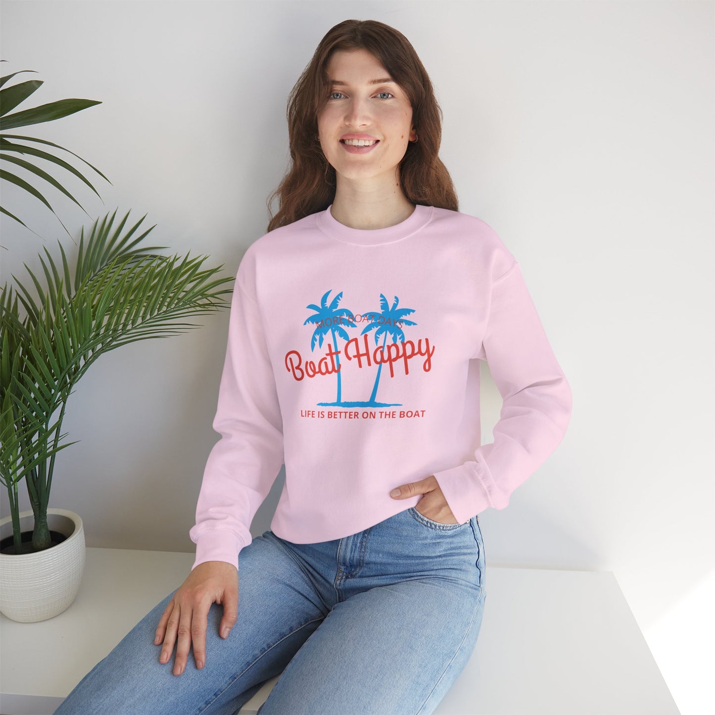 Boat Happy Crewneck Sweatshirt, Nautical Sweatshirt with Palm Trees, More Boat Days & Life is Better on the Boat, Coastal Lifestyle Apparel