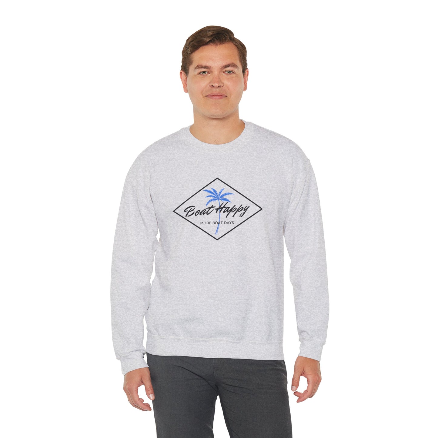 Boat Happy Crewneck Sweatshirt, Palm Tree Diamond Design, Gildan Unisex Sweatshirt, Nautical Boating Apparel, Coastal Lifestyle Sweatshirt