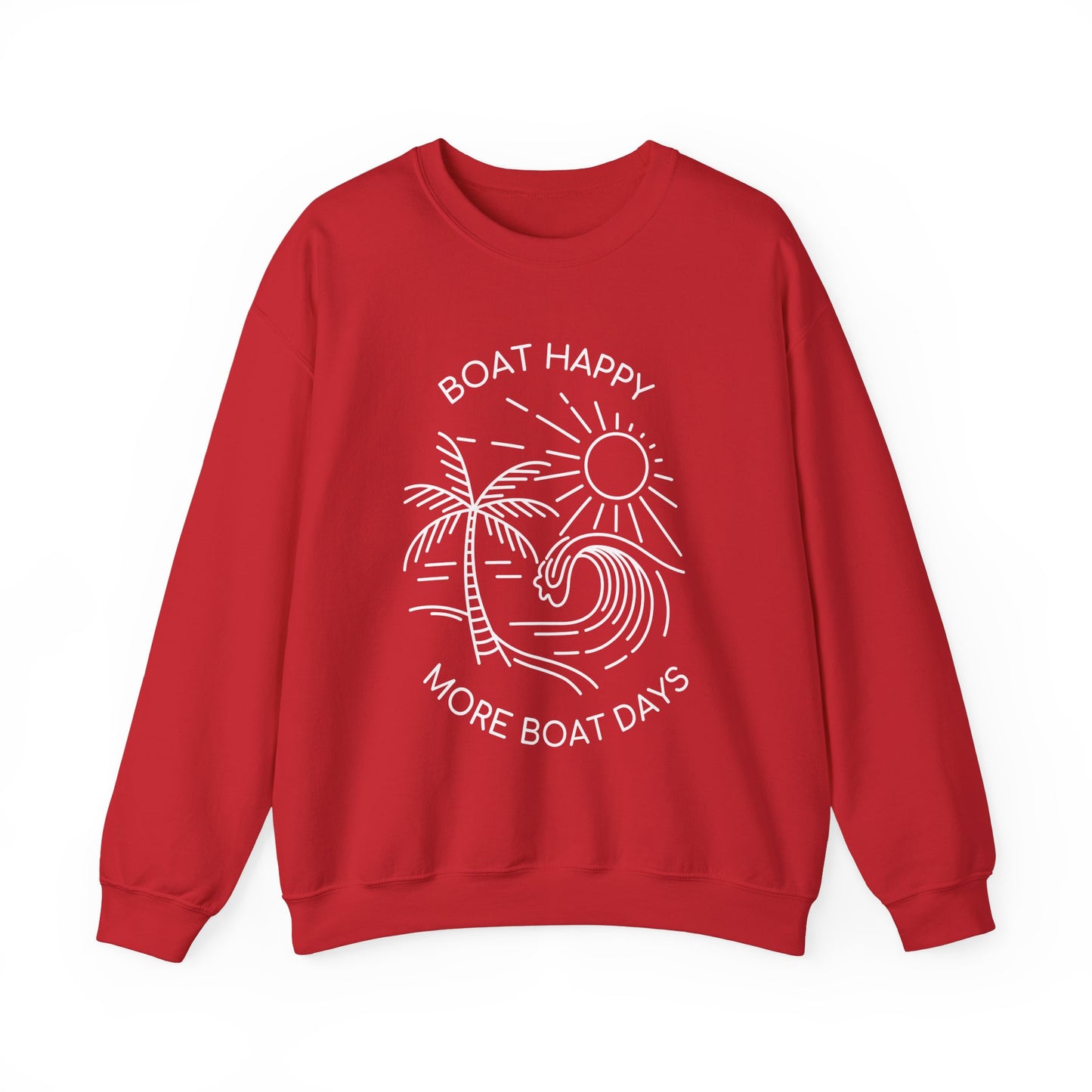 Boat Happy Crewneck Sweatshirt, Boating Sweatshirt, Palm Tree Wave Sun Design, Coastal Pullover, Nautical Boat Apparel, Nautical Pullover