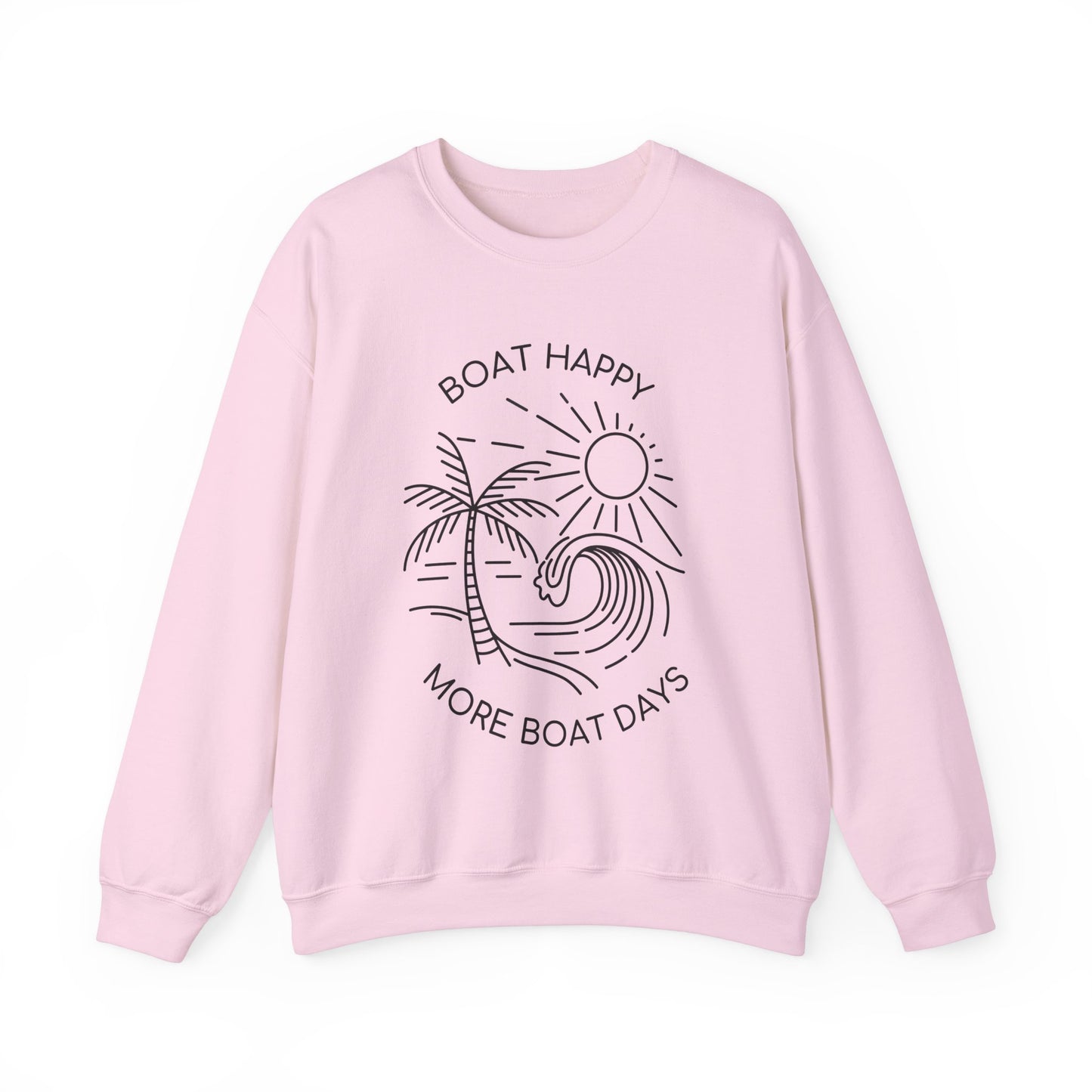 Boat Happy Crewneck Sweatshirt, Boating Sweatshirt, Palm Tree Wave Sun Design, Coastal Pullover, Nautical Boat Apparel, Nautical Pullover