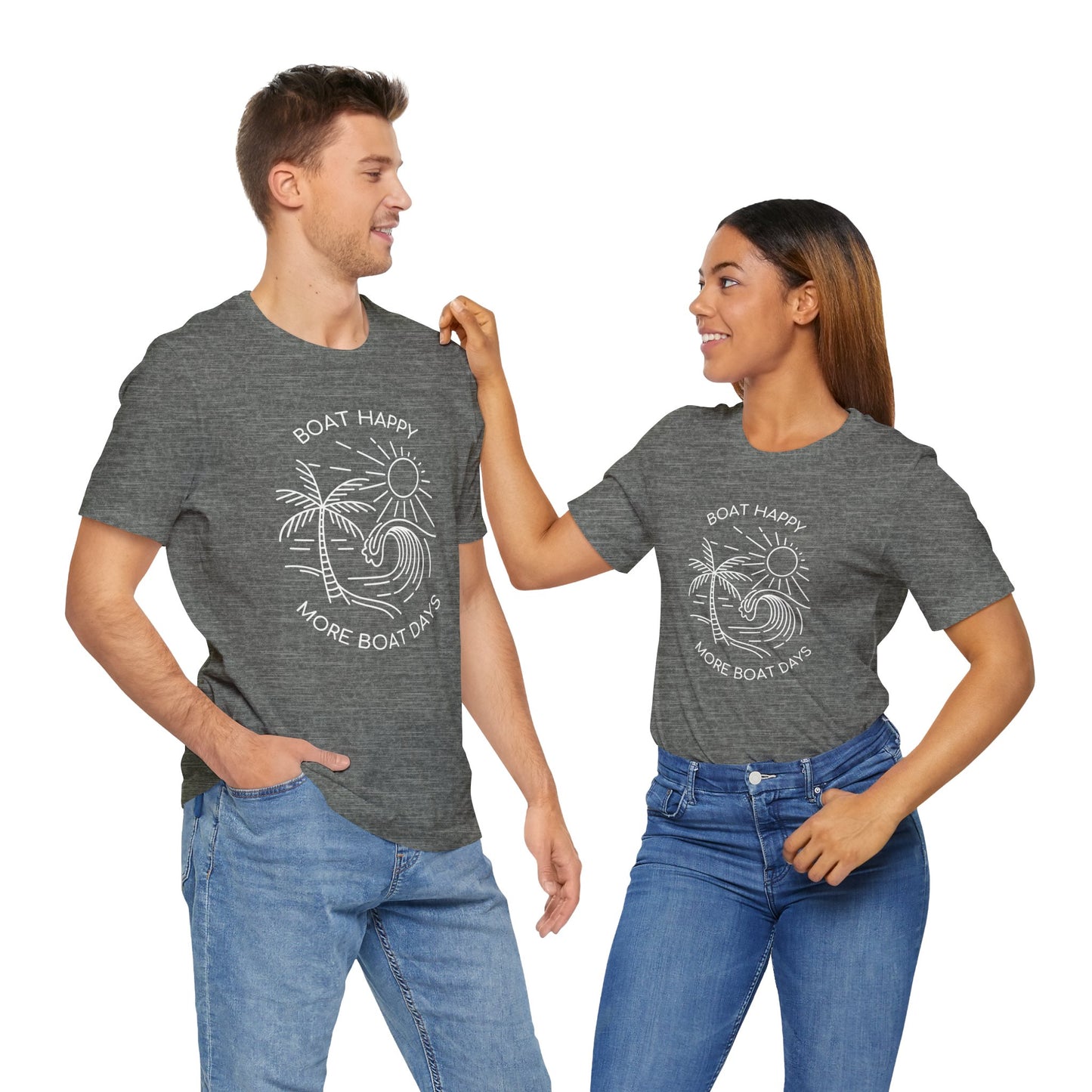 Boat Happy T-Shirt, Blue Palm Tree Diamond Design, Bella + Canvas 3001, Coastal Boating Graphic Tee, Nautical Lifestyle Shirt, Boat T-shirt