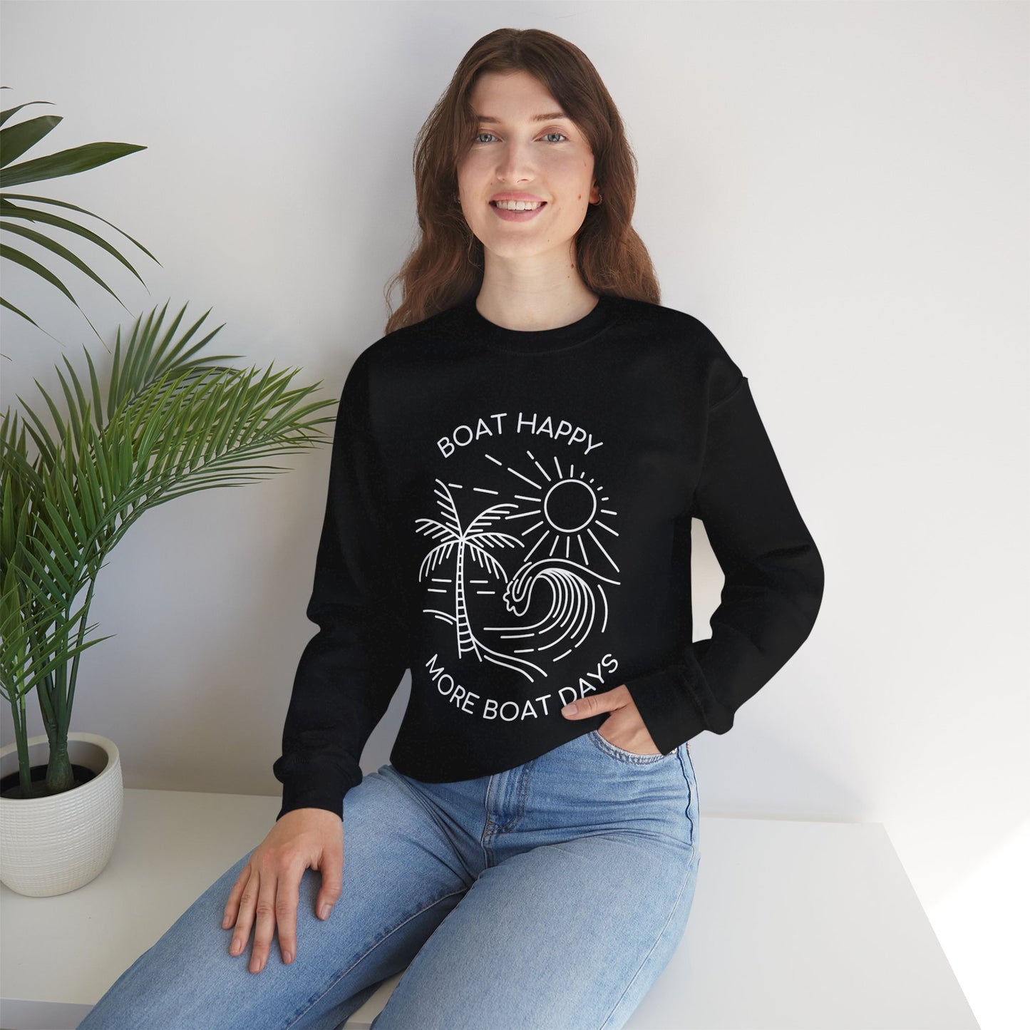Boat Happy Crewneck Sweatshirt, Boating Sweatshirt, Palm Tree Wave Sun Design, Coastal Pullover, Nautical Boat Apparel, Nautical Pullover