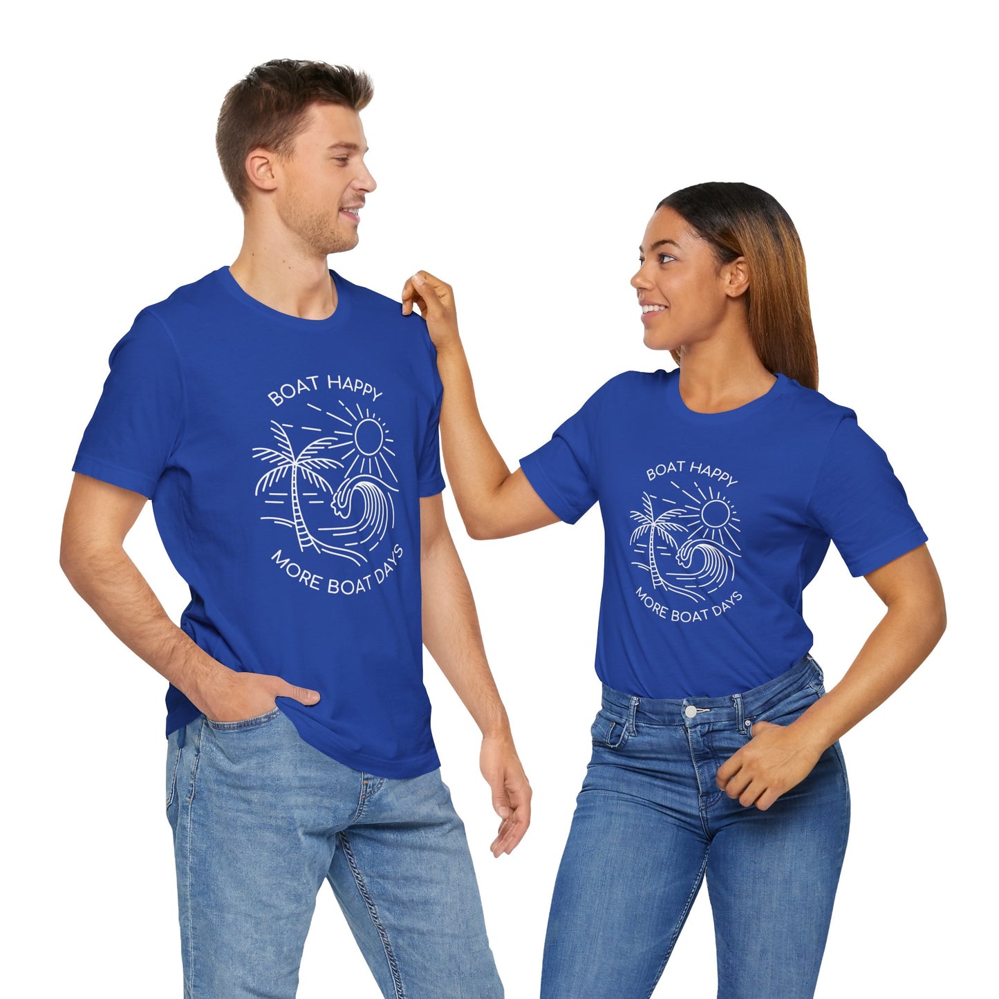 Boat Happy T-Shirt, Blue Palm Tree Diamond Design, Bella + Canvas 3001, Coastal Boating Graphic Tee, Nautical Lifestyle Shirt, Boat T-shirt