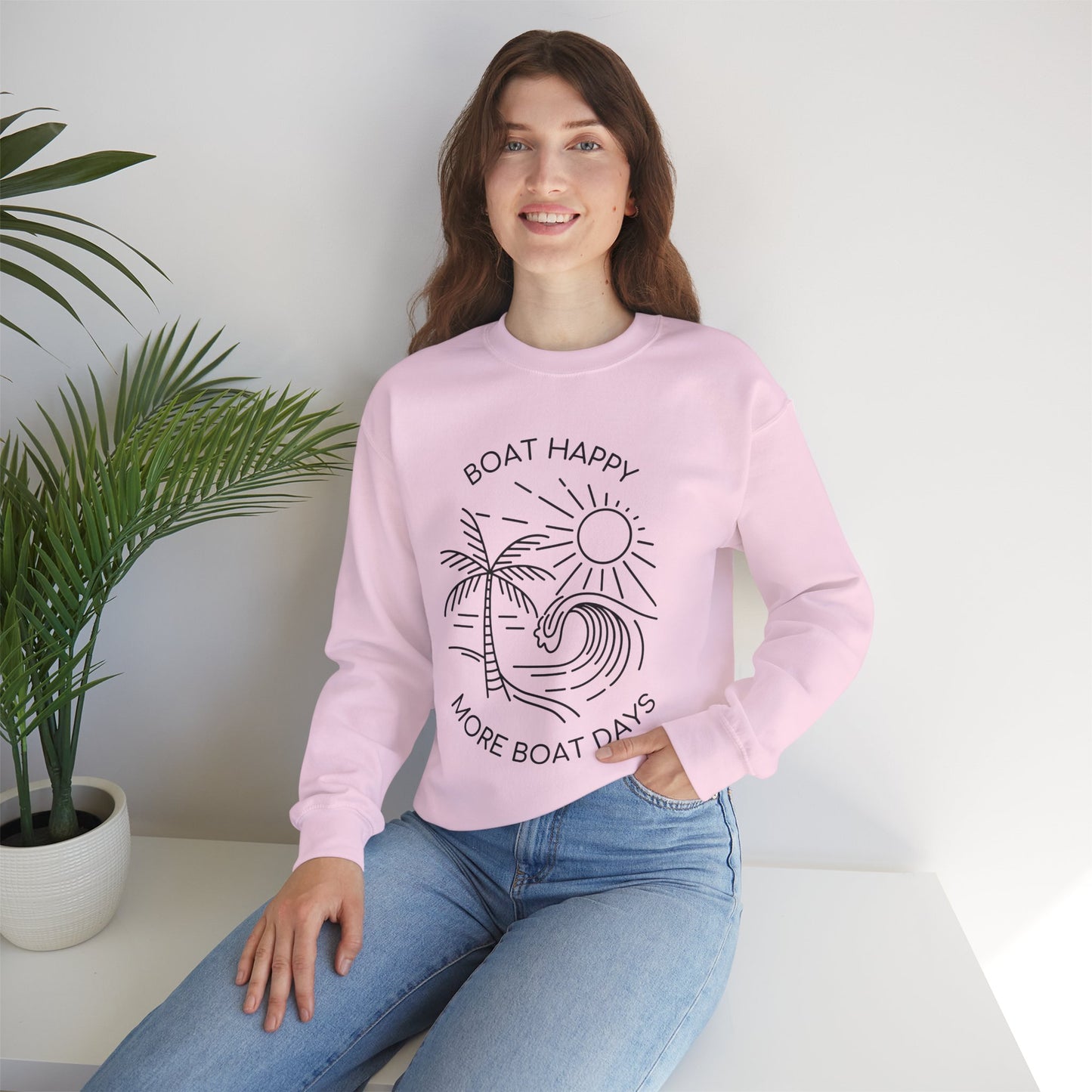 Boat Happy Crewneck Sweatshirt, Boating Sweatshirt, Palm Tree Wave Sun Design, Coastal Pullover, Nautical Boat Apparel, Nautical Pullover