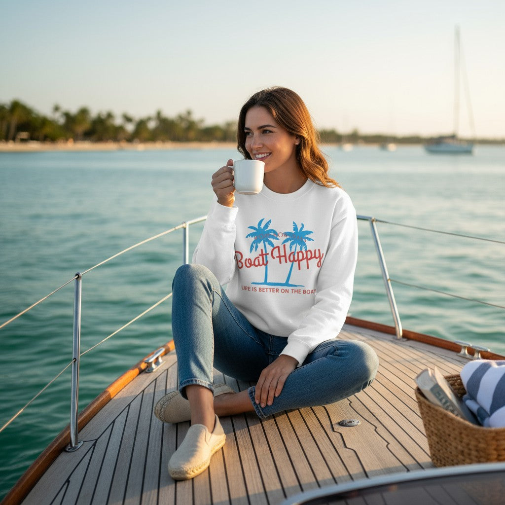 Boat Happy Palm Tree Coastal Crewneck – Nautical Pullover