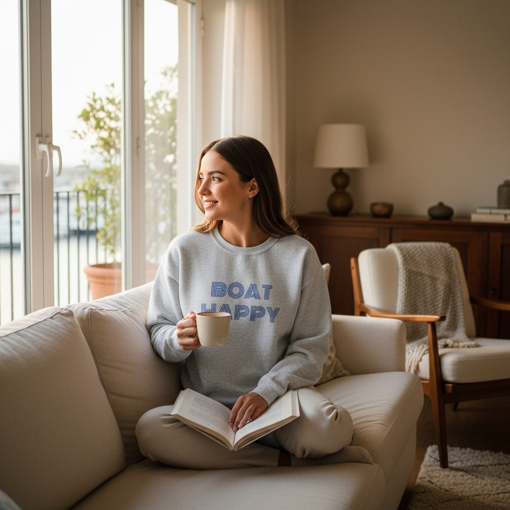 Boat Happy Simple Logo Crewneck – Boating Lifestyle Sweatshirt