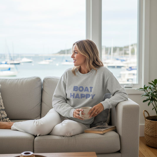 Boat Happy Crewneck Sweatshirt, Simple and Stylish Boating Lifestyle Pullover, Pullover Boating Sweatshirt, Gift for Her