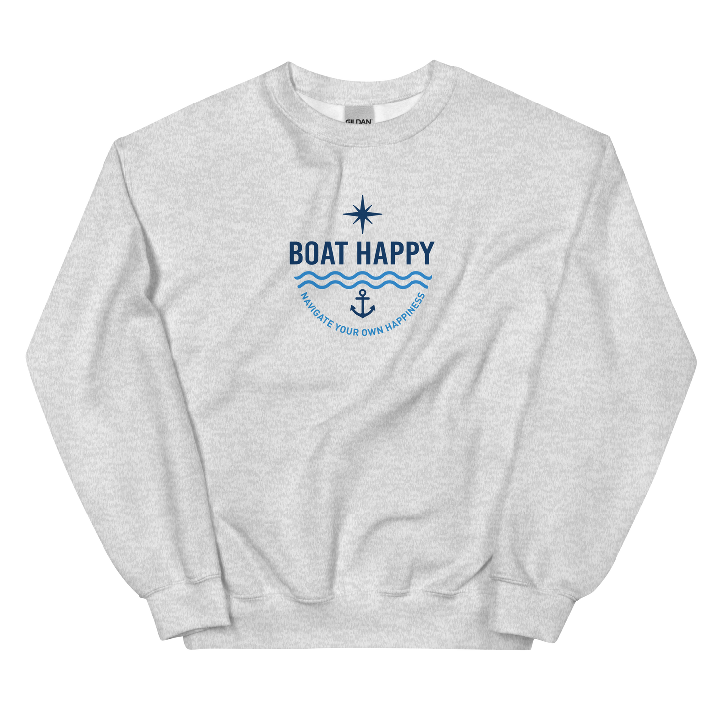Boat Happy Core Collection Crewneck Sweatshirt | Classic Nautical Logo | White & Ash