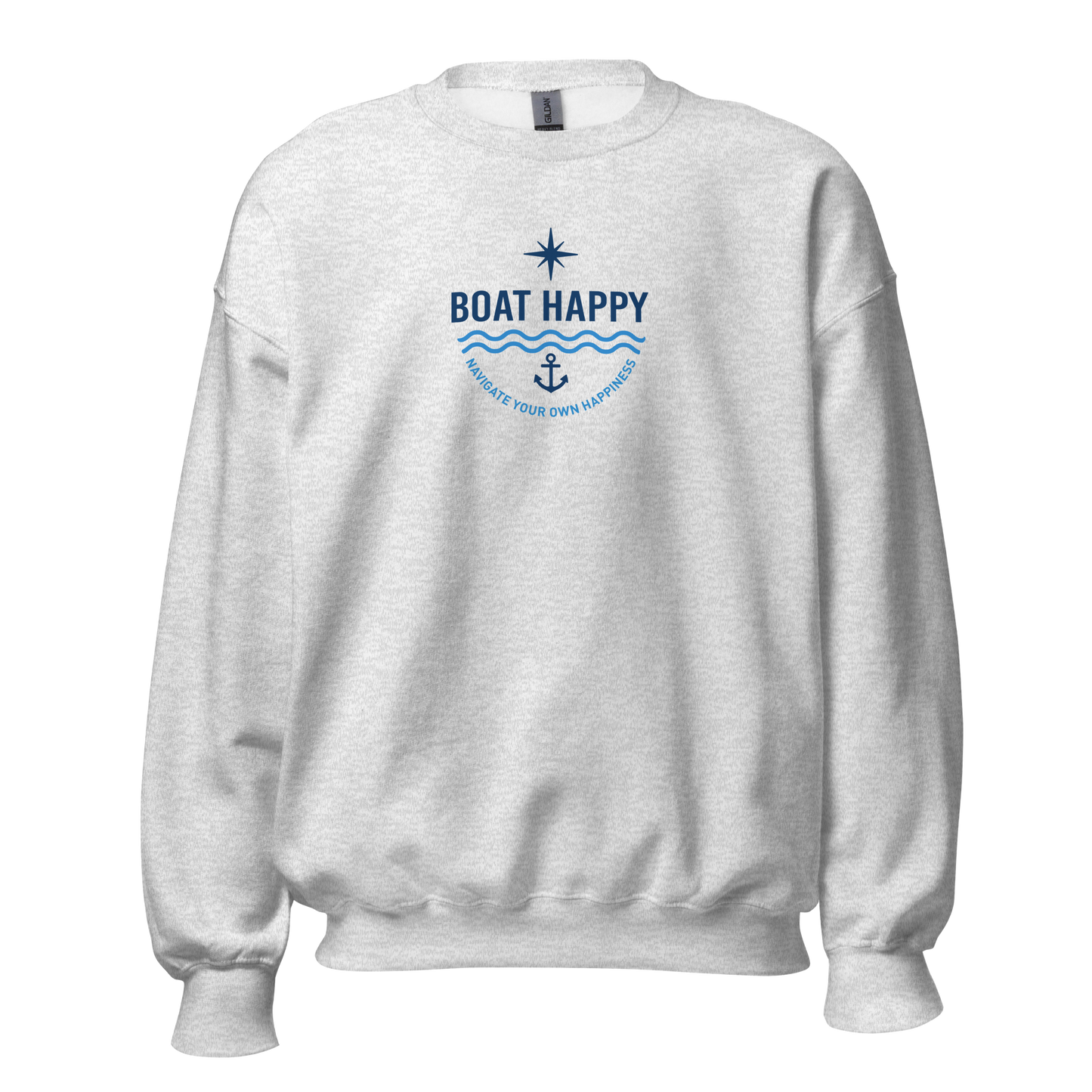 Boat Happy Core Collection Crewneck Sweatshirt | Classic Nautical Logo | White & Ash