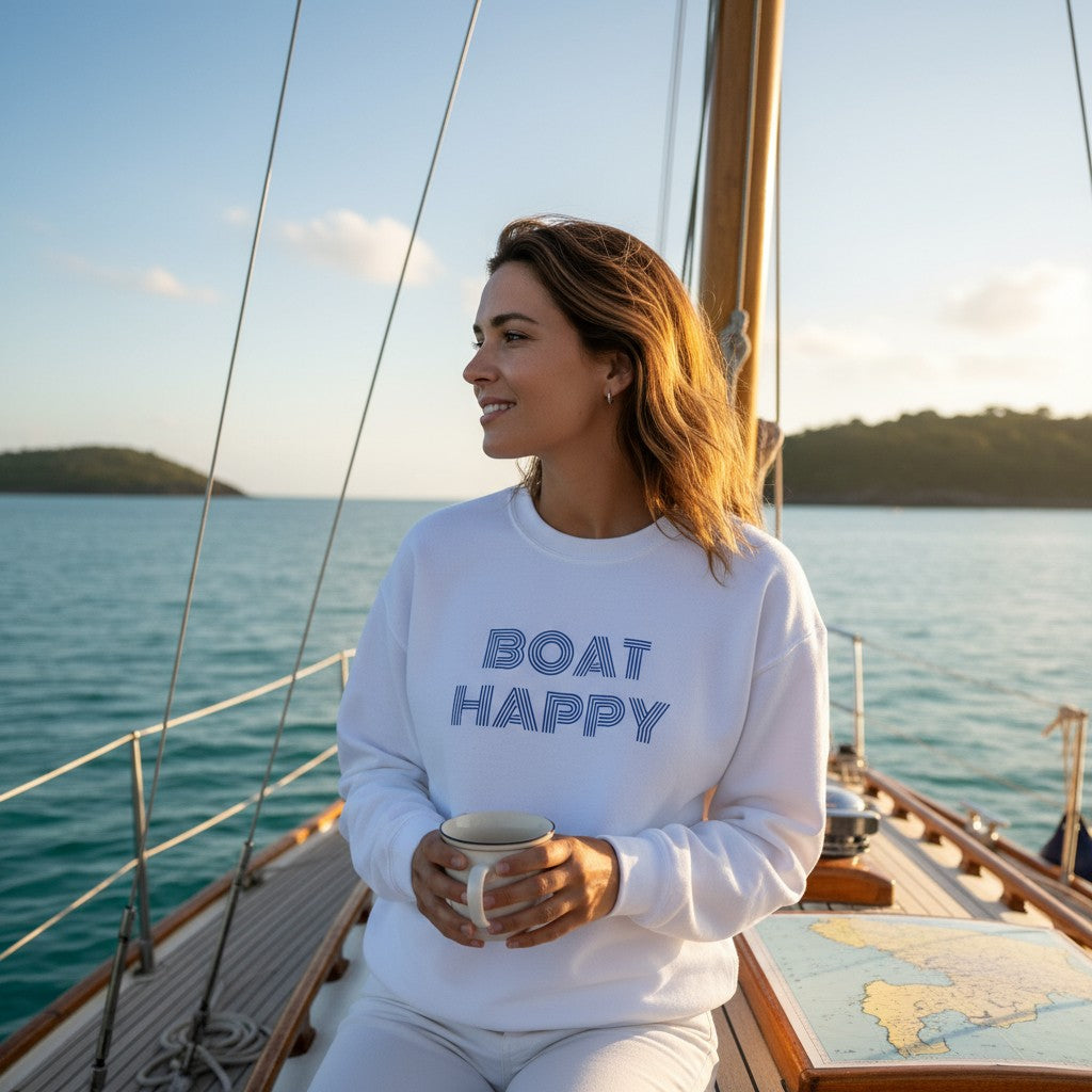 Boat Happy Simple Logo Crewneck – Boating Lifestyle Sweatshirt